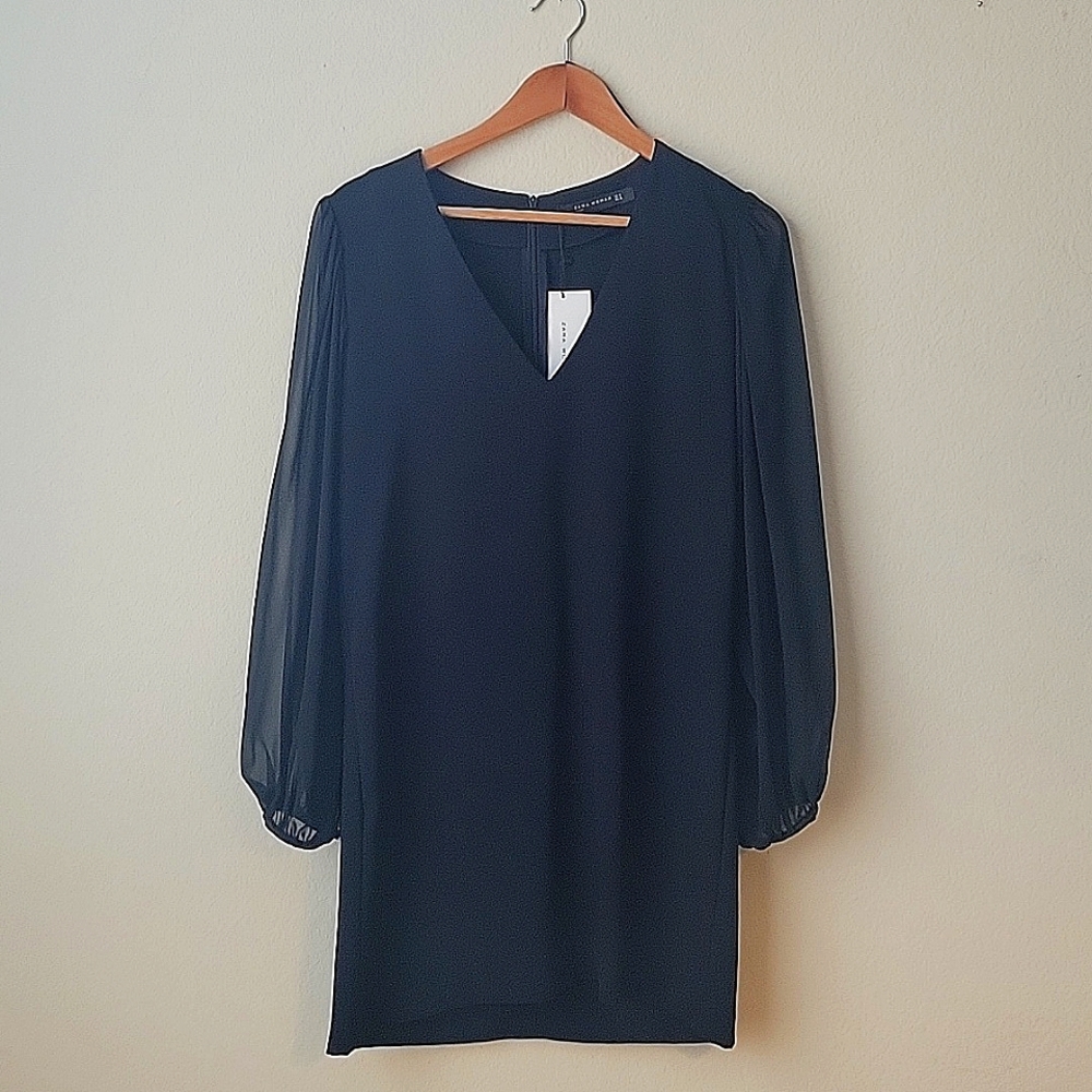 ZARA Sheer Sleeve Black Dress Size M